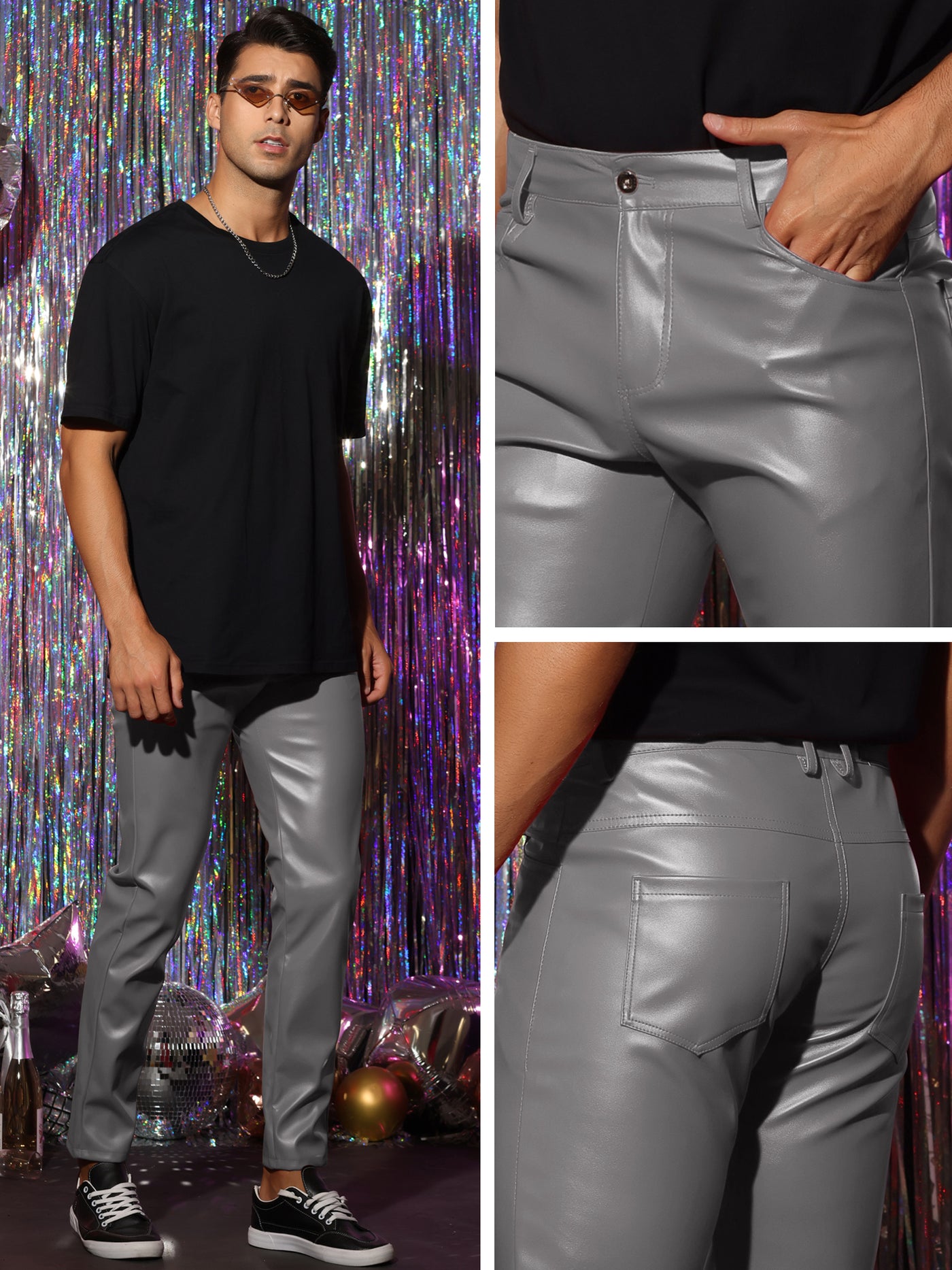 Bublédon Faux Leather Pants for Men's Slim Fit Hip Hop Nightclub Disco Party Trousers