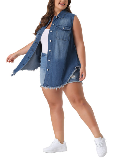 Women's Plus Size Button Up Frayed Hem Shacket Sleeveless Pockets Denim Jean Jacket Vest