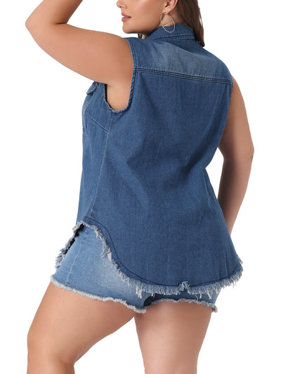 Women's Plus Size Button Up Frayed Hem Shacket Sleeveless Pockets Denim Jean Jacket Vest