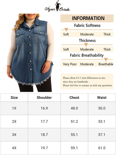 Women's Plus Size Button Up Frayed Hem Shacket Sleeveless Pockets Denim Jean Jacket Vest