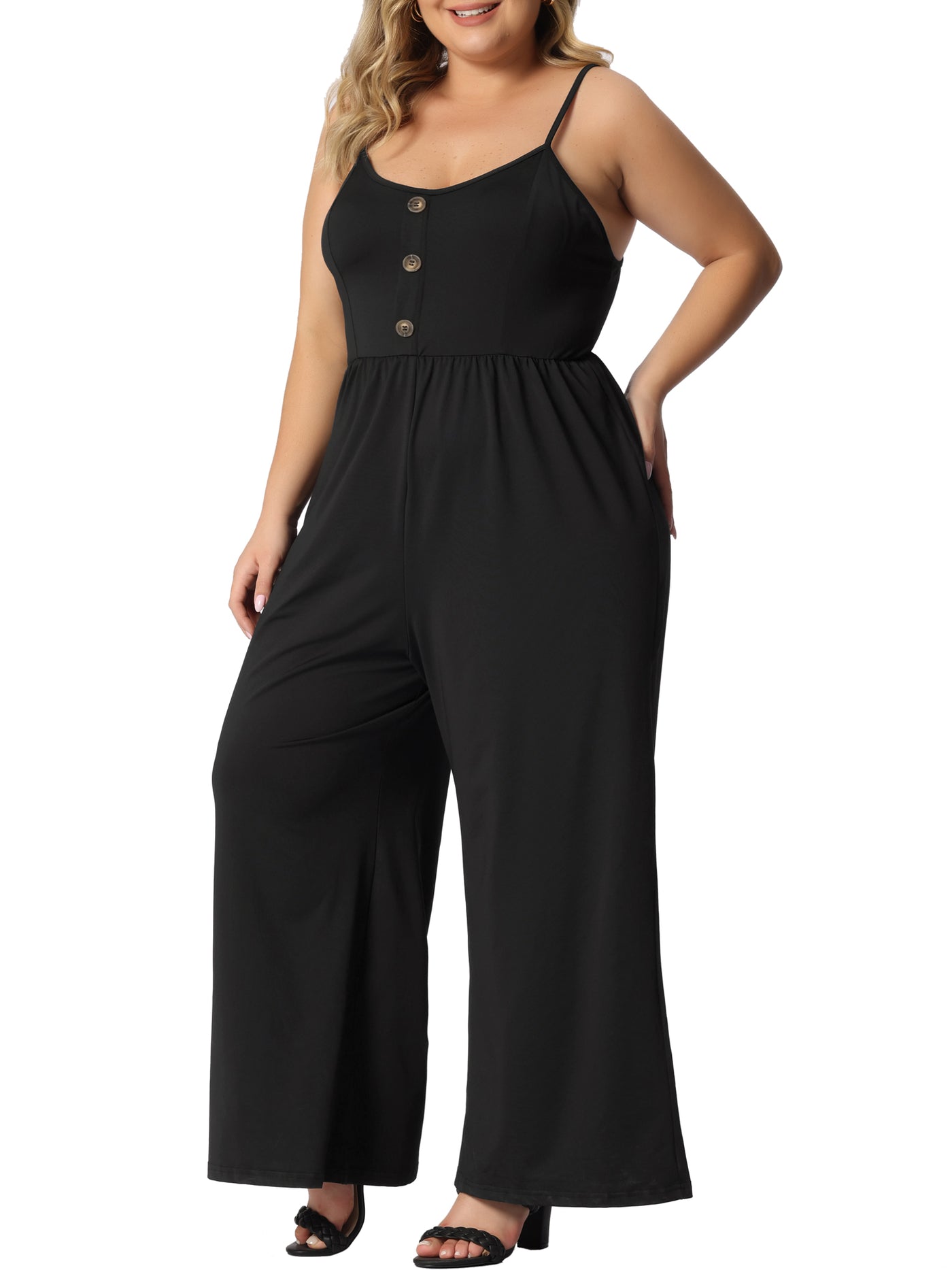 Bublédon H Line Knit Button Decor Elastic Waist Jumpsuit