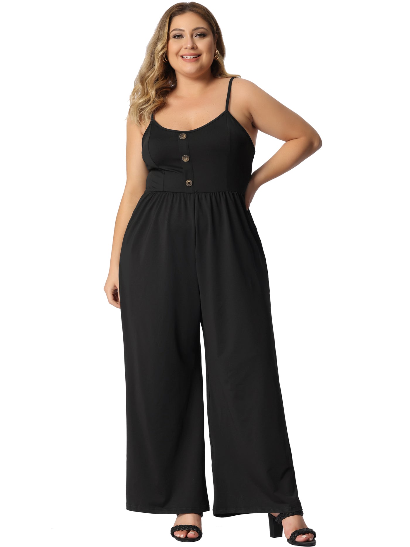 Bublédon H Line Knit Button Decor Elastic Waist Jumpsuit