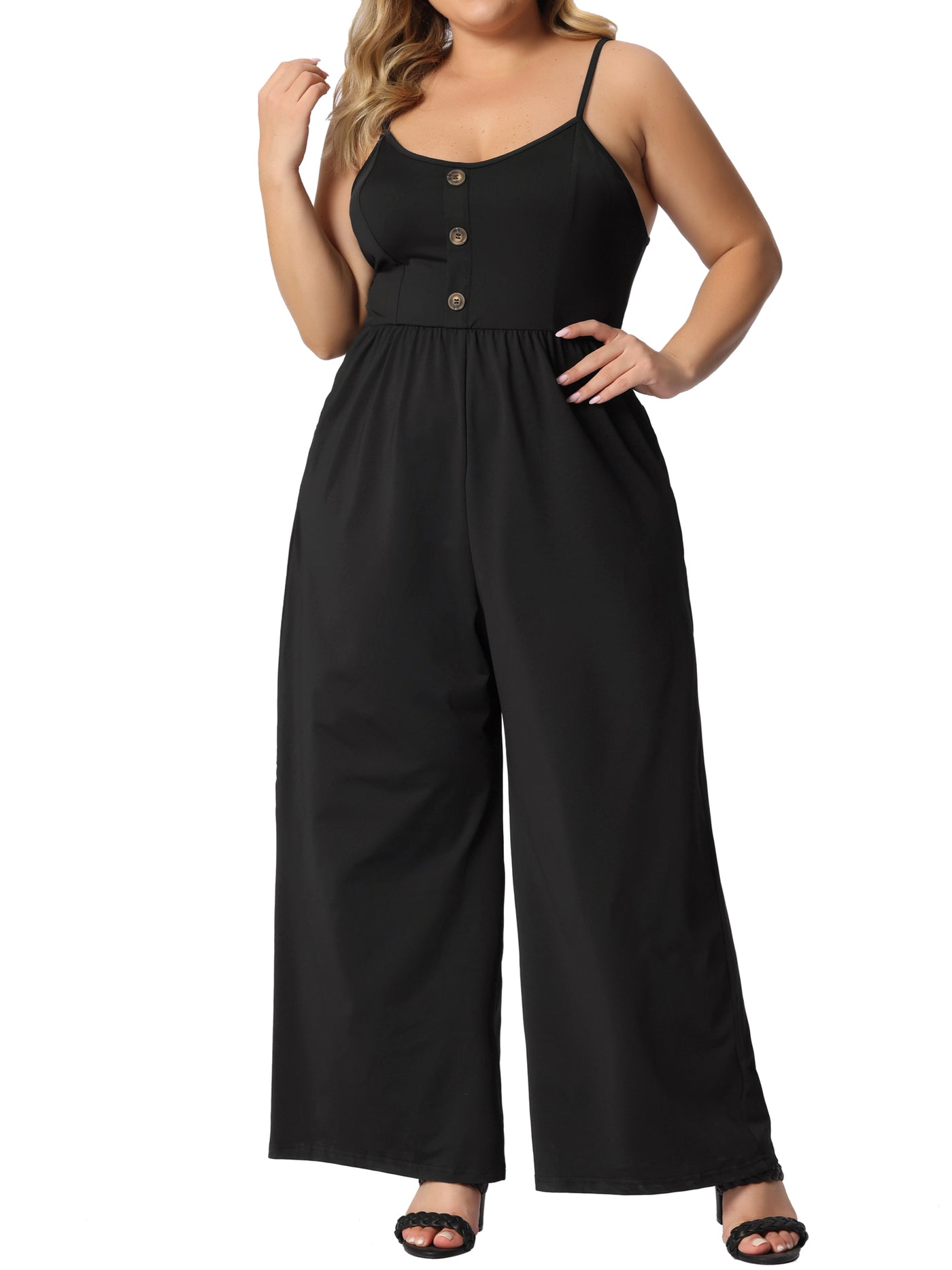 Bublédon H Line Knit Button Decor Elastic Waist Jumpsuit