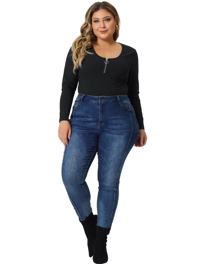 Bublédon Plus Size Bodysuits for Women Deep V Neck Zip Up Long Sleeve Tops Bodysuit Jumpsuit