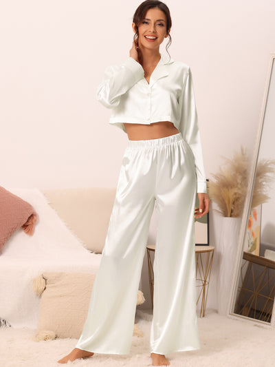 Women's Satin Pajama Nightwear Crop Button Down Shirt Long Pants 2 Piece Outfits Set