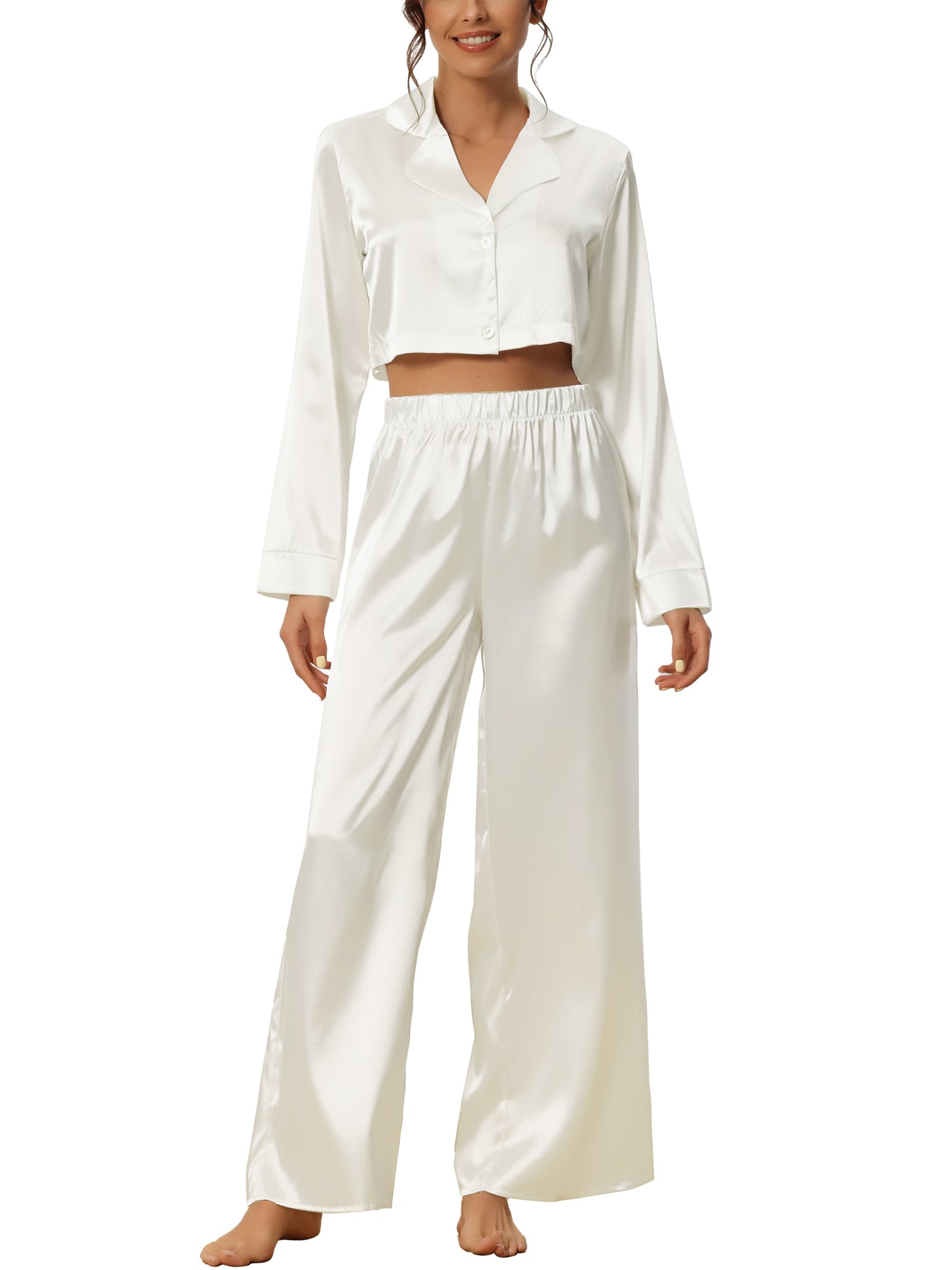 Bublédon Women's Satin Pajama Nightwear Crop Button Down Shirt Long Pants 2 Piece Outfits Set