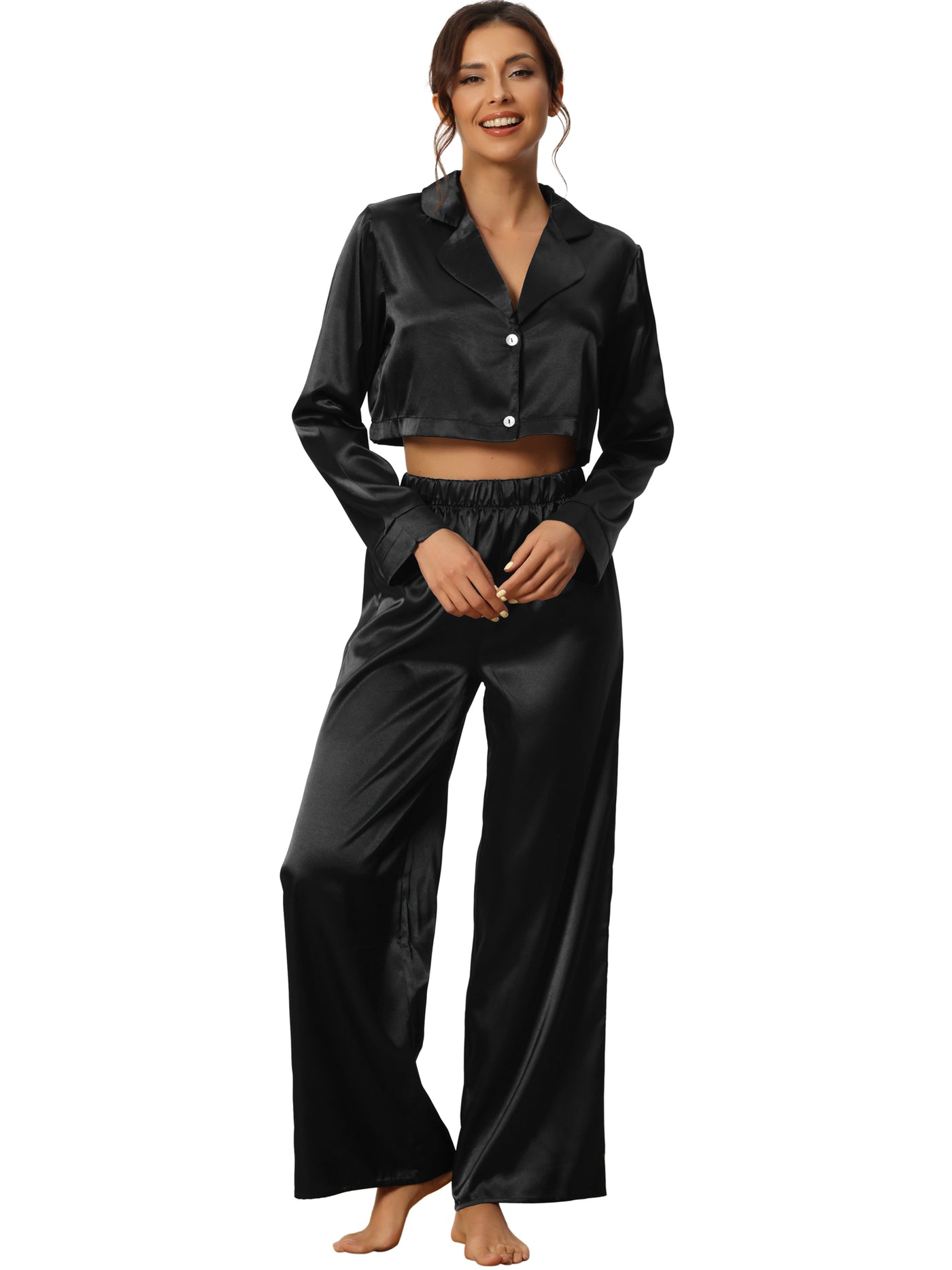 Bublédon Women's Satin Pajama Nightwear Crop Button Down Shirt Long Pants 2 Piece Outfits Set