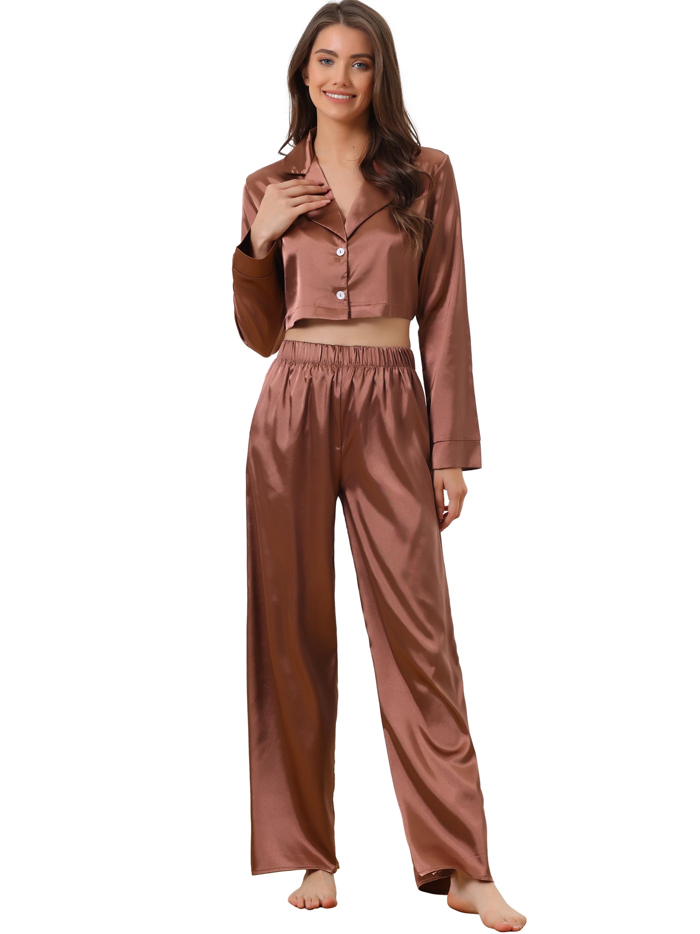 Bublédon Women's Satin Pajama Nightwear Crop Button Down Shirt Long Pants 2 Piece Outfits Set