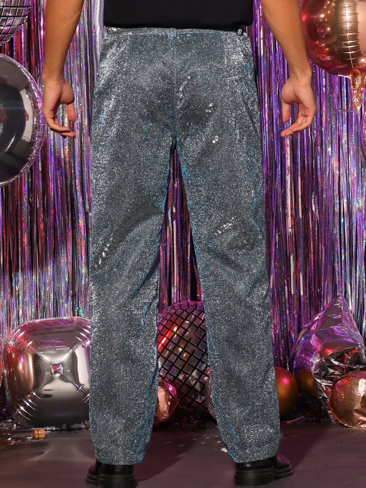 Women Wide Leg Sequins Pants Trousers Silver Club Shiny Gothic