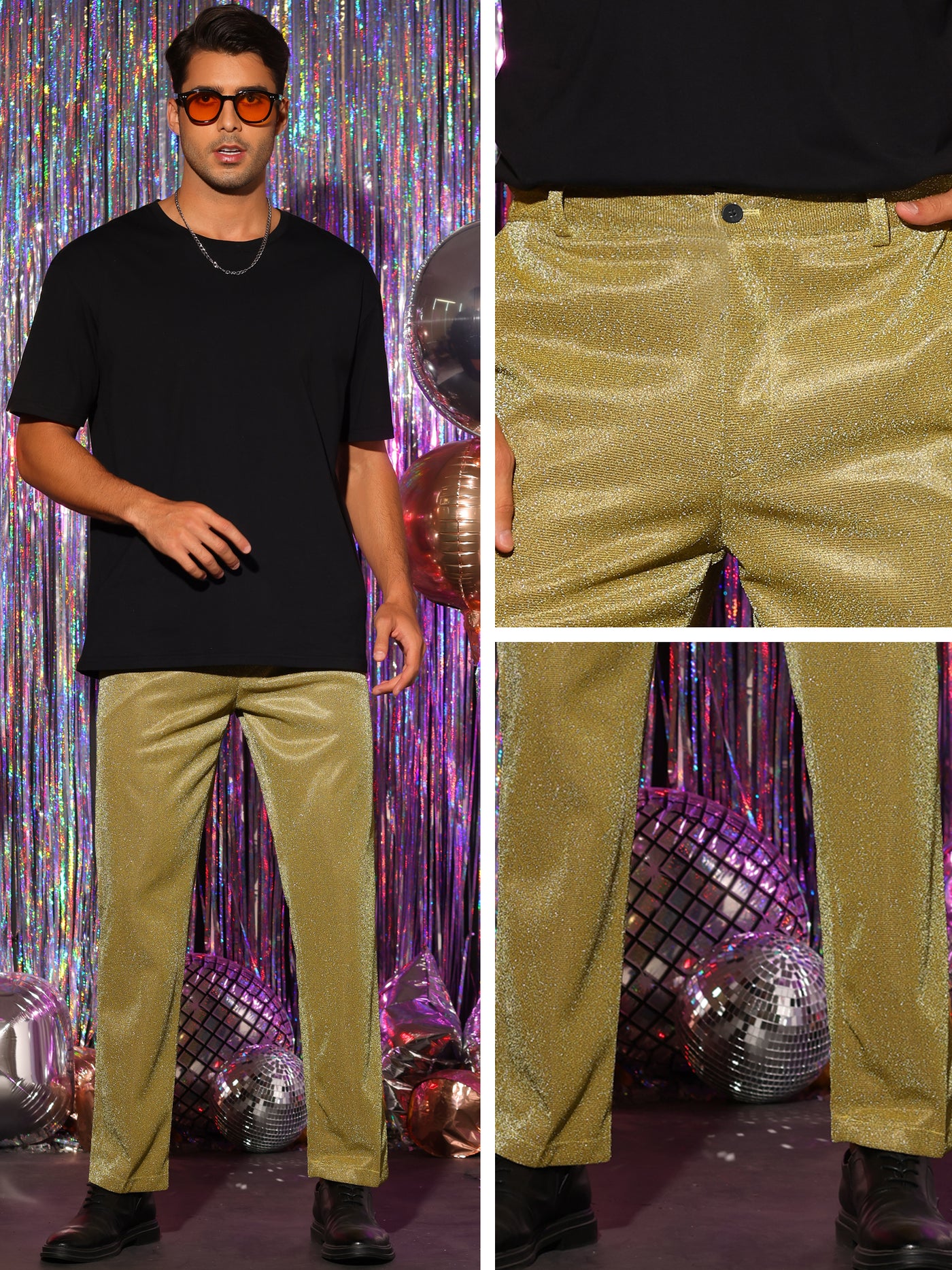 Bublédon Metallic Pants for Men's Straight Leg Party Nightclub Glitter Dress Trouser