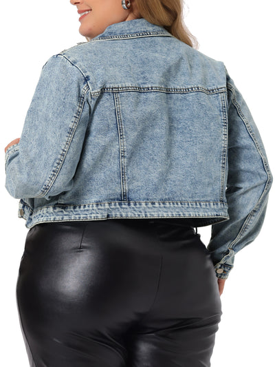 Denim Jackets for Women 2023 Plus Size Retro Notched Lapel Long Sleeve Washed Crop Jean Jacket