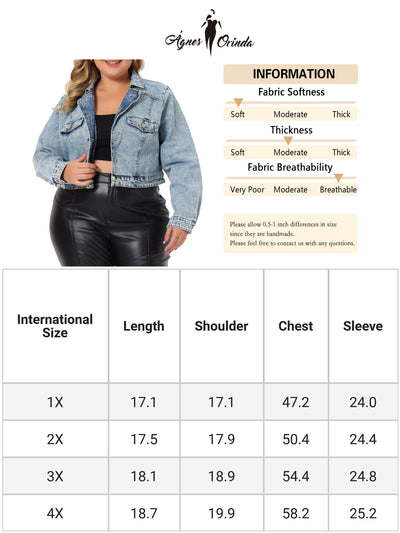 Denim Jackets for Women 2023 Plus Size Retro Notched Lapel Long Sleeve Washed Crop Jean Jacket