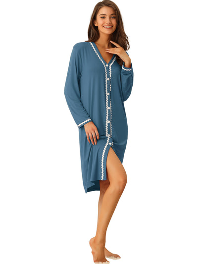 Womens Nightshirt Button Down Nightgown Long Sleeve Pajama Dress Sleepshirt