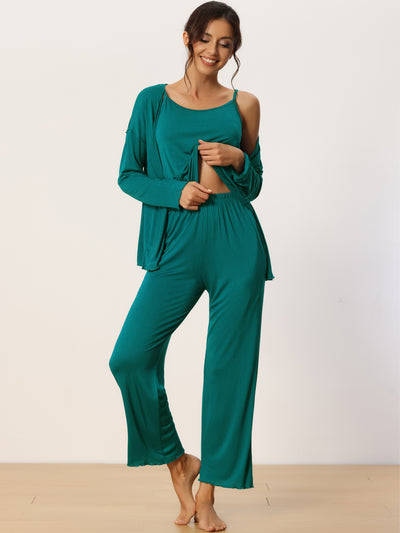 Womens 3 Pcs Sleepwear Soft Solid Color Long Sleeve Tops Cami and Pants Pajama Set