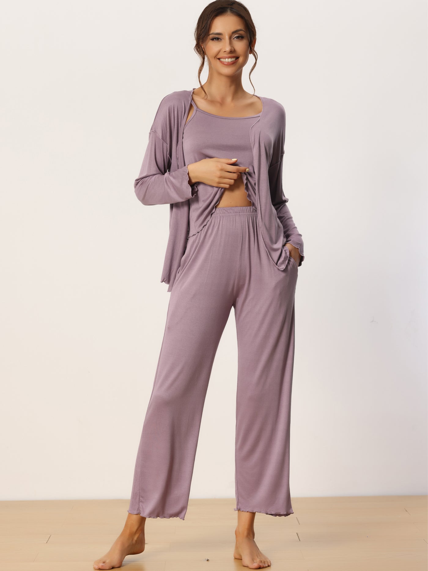 Bublédon Womens 3 Pcs Sleepwear Soft Solid Color Long Sleeve Tops Cami and Pants Pajama Set