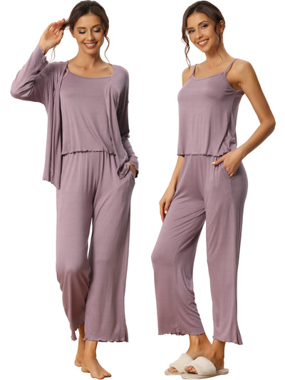 Womens 3 Pcs Sleepwear Soft Solid Color Long Sleeve Tops Cami and Pants Pajama Set