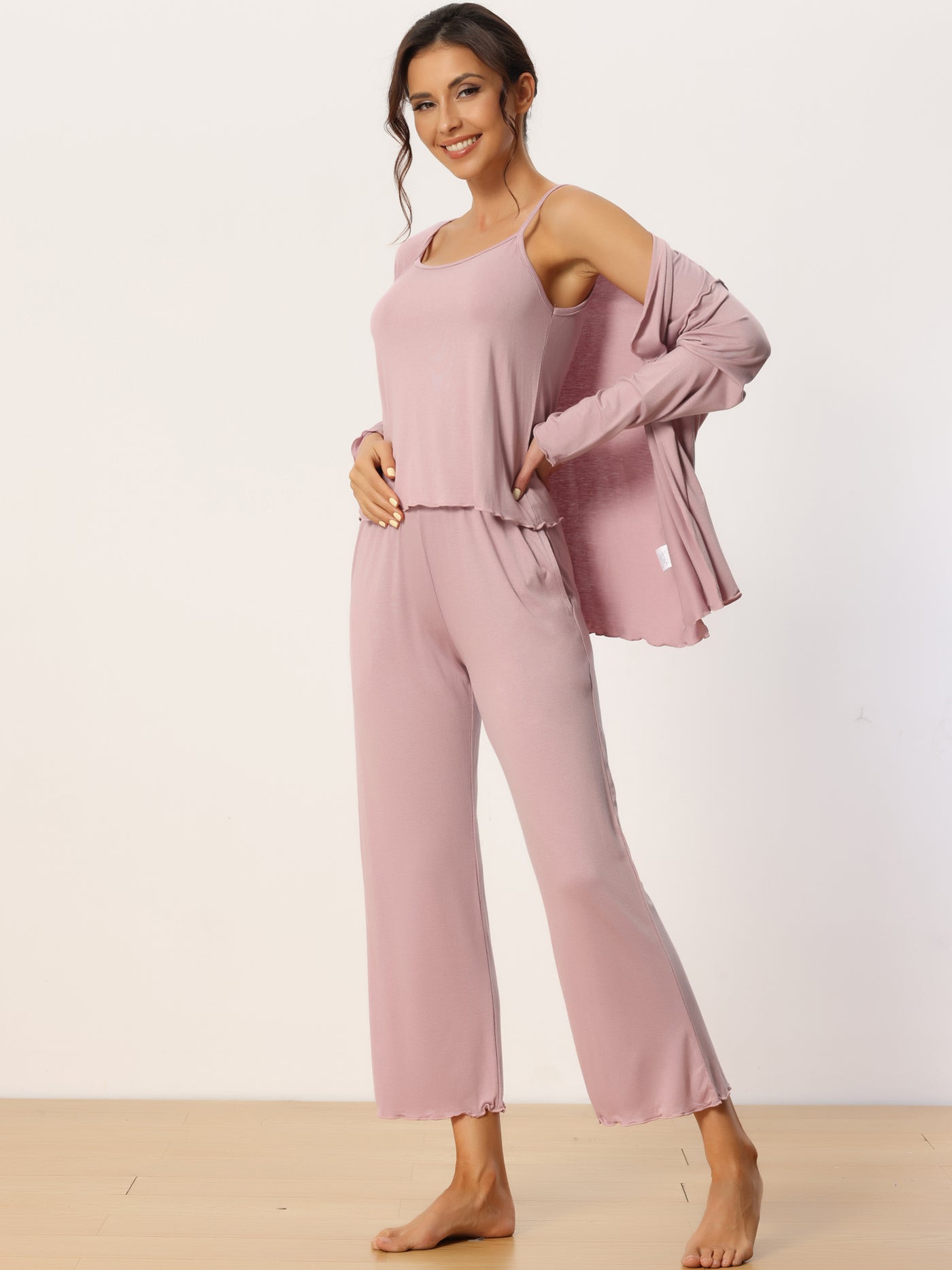 Bublédon Womens 3 Pcs Sleepwear Soft Solid Color Long Sleeve Tops Cami and Pants Pajama Set