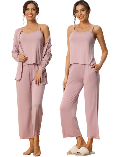 Womens 3 Pcs Sleepwear Soft Solid Color Long Sleeve Tops Cami and Pants Pajama Set