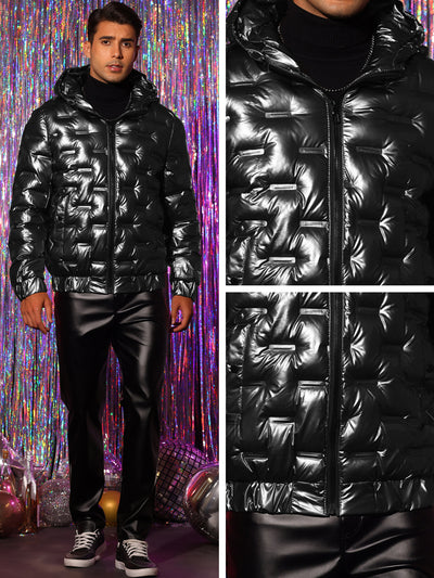 Hoodie Metallic Down Jacket for Men's Zipper Hooded Quilting Shiny Puffer Coat