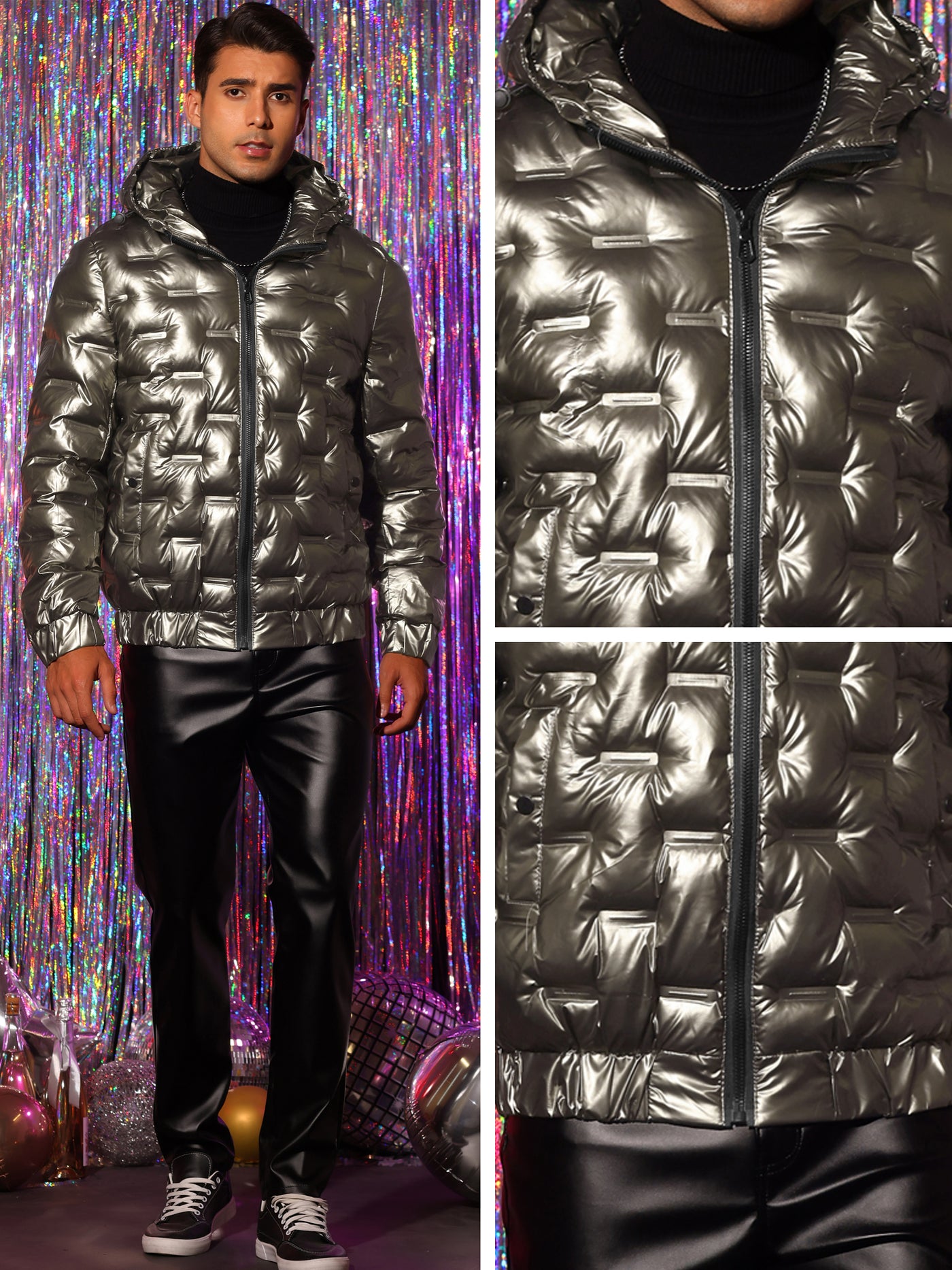 Bublédon Hoodie Metallic Down Jacket for Men's Zipper Hooded Quilting Shiny Puffer Coat