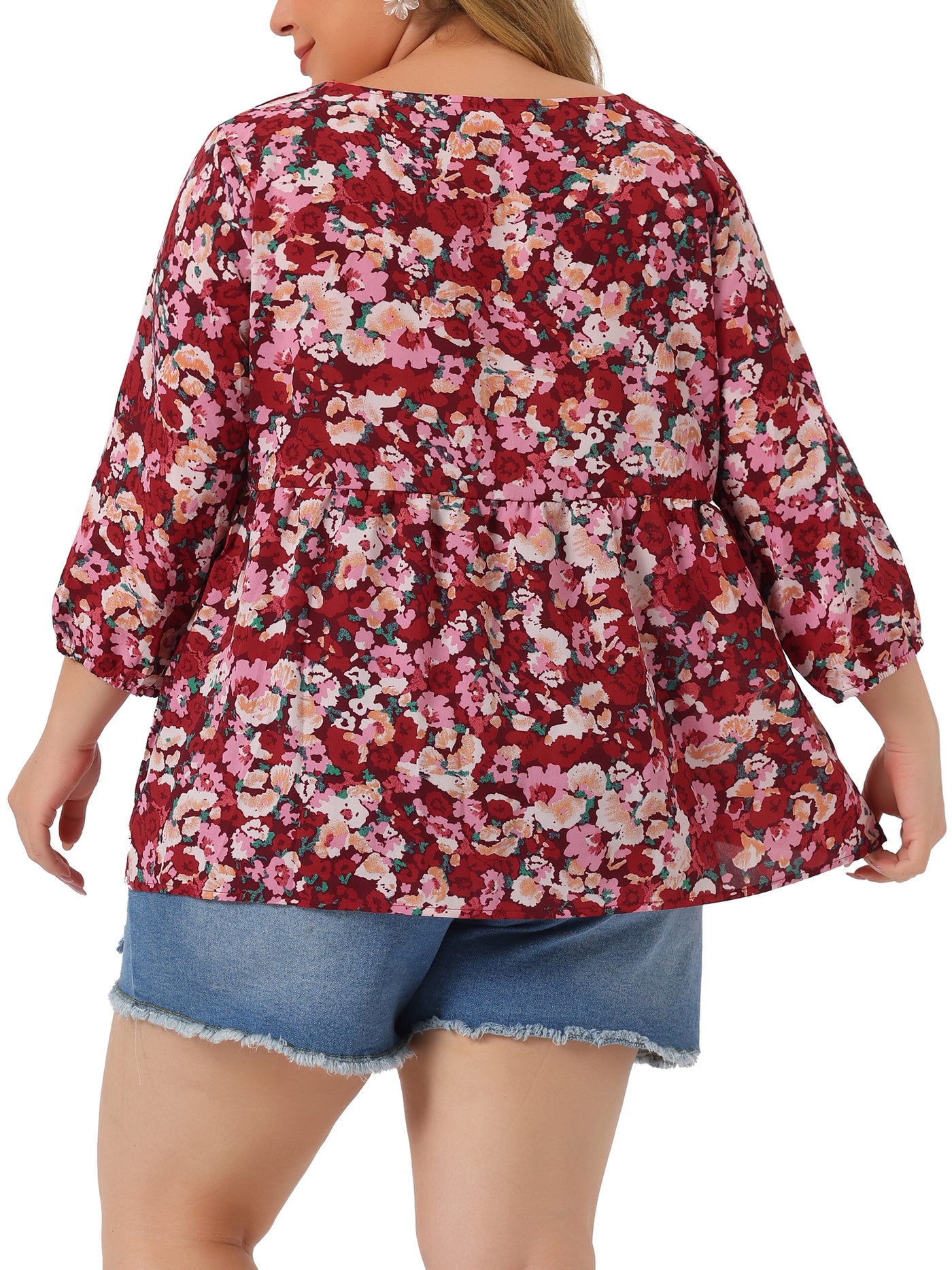 Bublédon Woven X Line Floral Elastic Cuff Ruffle Trim Blouse