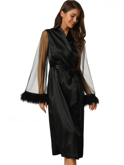 Womens Satin Robe Feather Trim Bridesmaid Bathrobe Mesh Long Sleeve Bridal Party Sleepwear