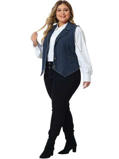 Plus Size Denim Vest for Women Sleeveless Lapel Casual Lightweight Buttons Jackets