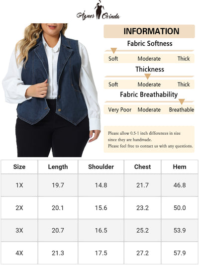 Plus Size Denim Vest for Women Sleeveless Lapel Casual Lightweight Buttons Jackets