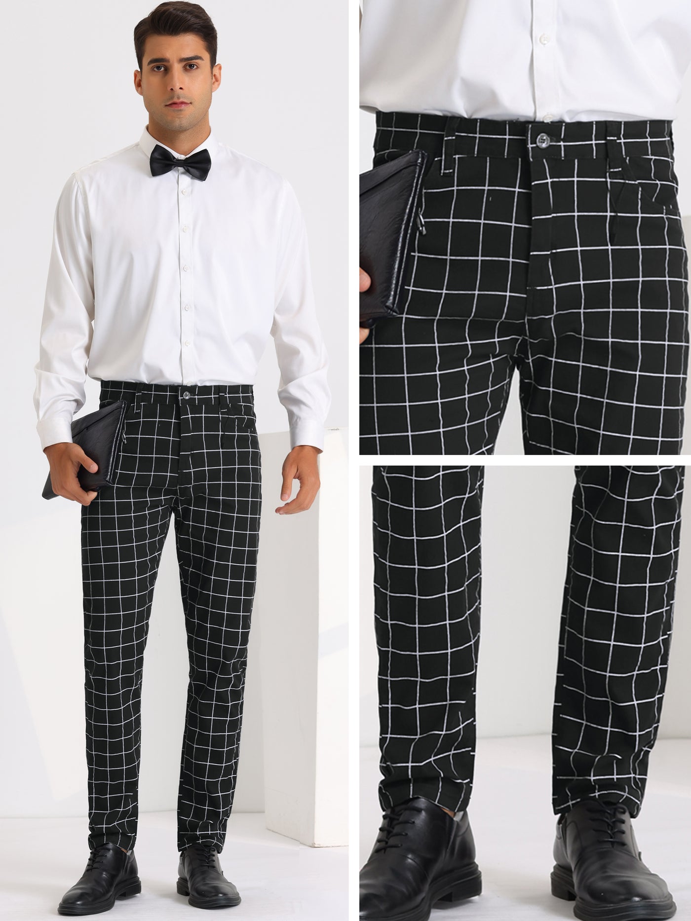 Bublédon Formal Plaid Dress Pants for Men's Flat Front Checked Business Trousers