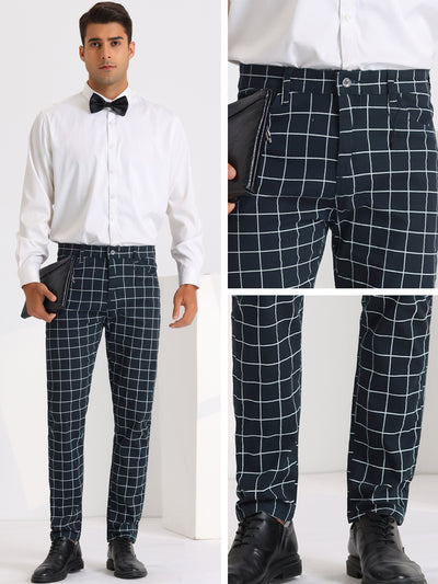 Formal Plaid Dress Pants for Men's Flat Front Checked Business Trousers