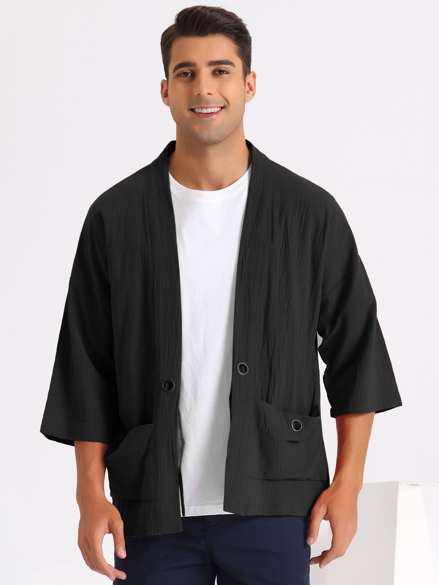 Bublédon Kimono Jackets for Men's Lightweight Loose Fit 3/4 Sleeves Open Front Outwear Cardigan