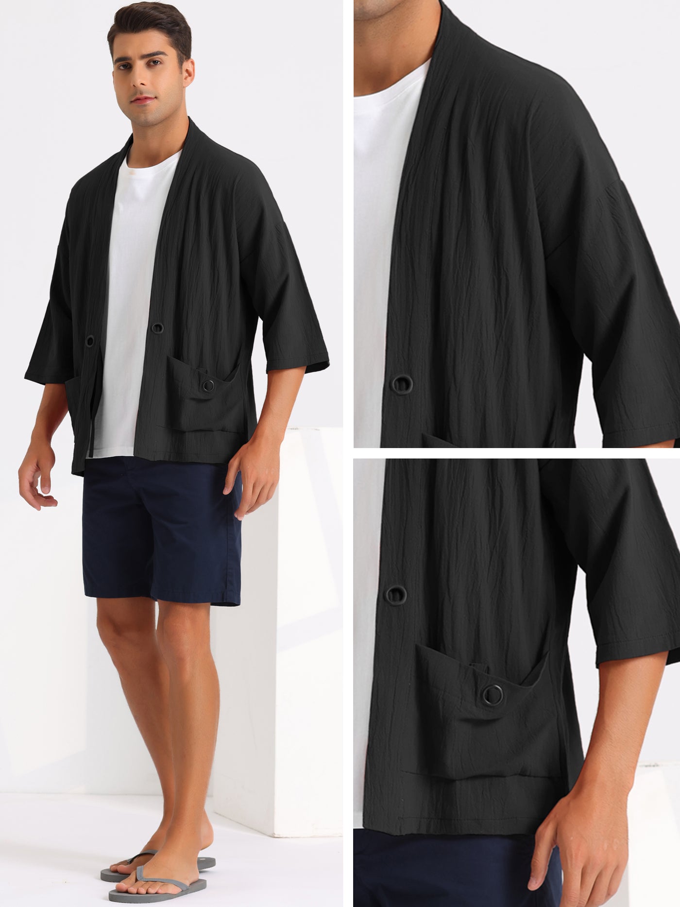 Bublédon Kimono Jackets for Men's Lightweight Loose Fit 3/4 Sleeves Open Front Outwear Cardigan