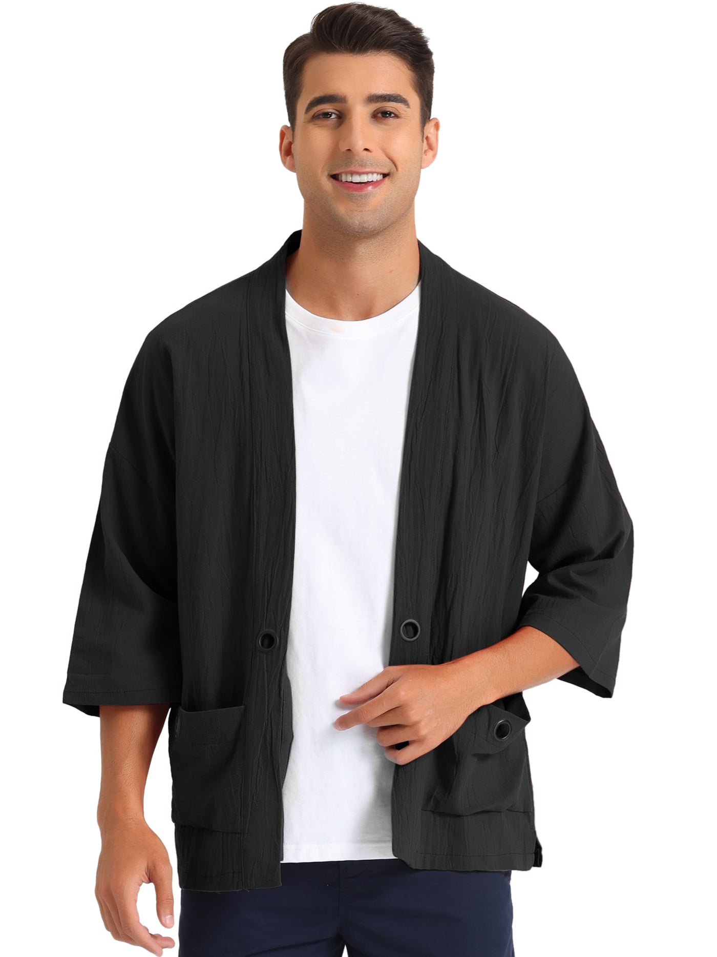 Bublédon Kimono Jackets for Men's Lightweight Loose Fit 3/4 Sleeves Open Front Outwear Cardigan