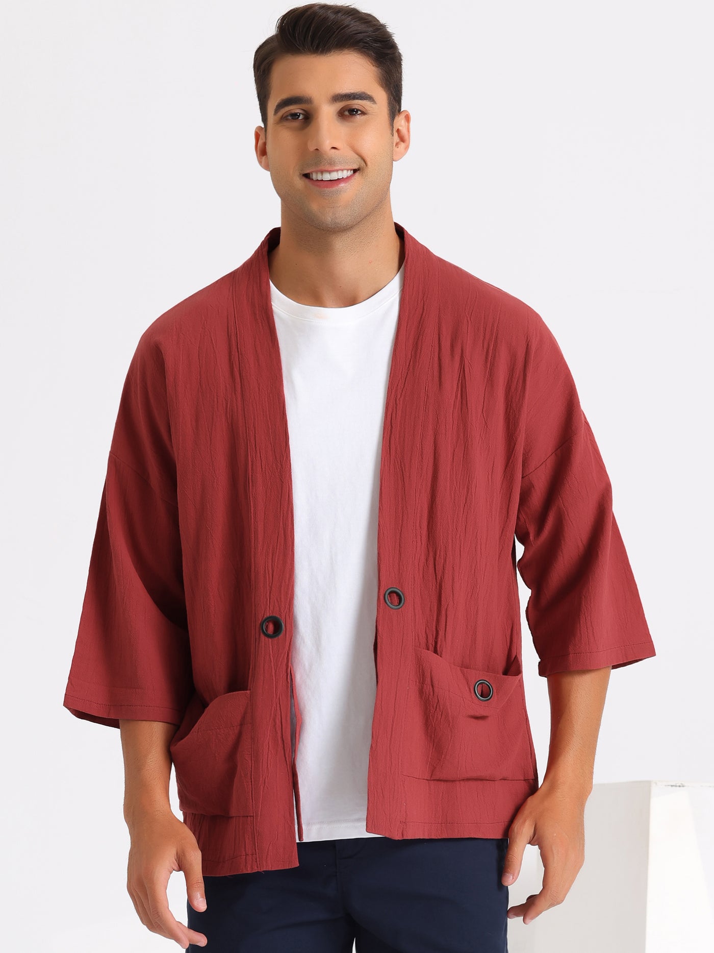 Bublédon Kimono Jackets for Men's Lightweight Loose Fit 3/4 Sleeves Open Front Outwear Cardigan