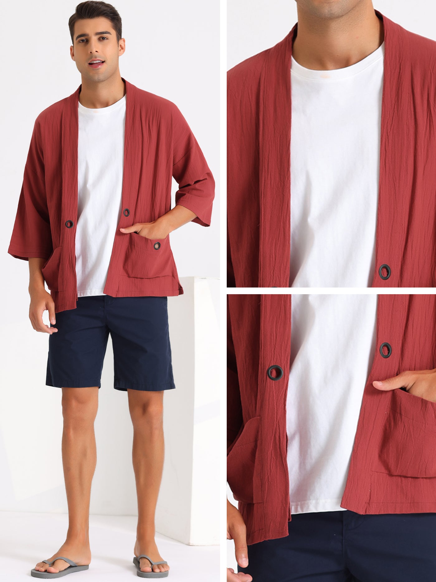 Bublédon Kimono Jackets for Men's Lightweight Loose Fit 3/4 Sleeves Open Front Outwear Cardigan