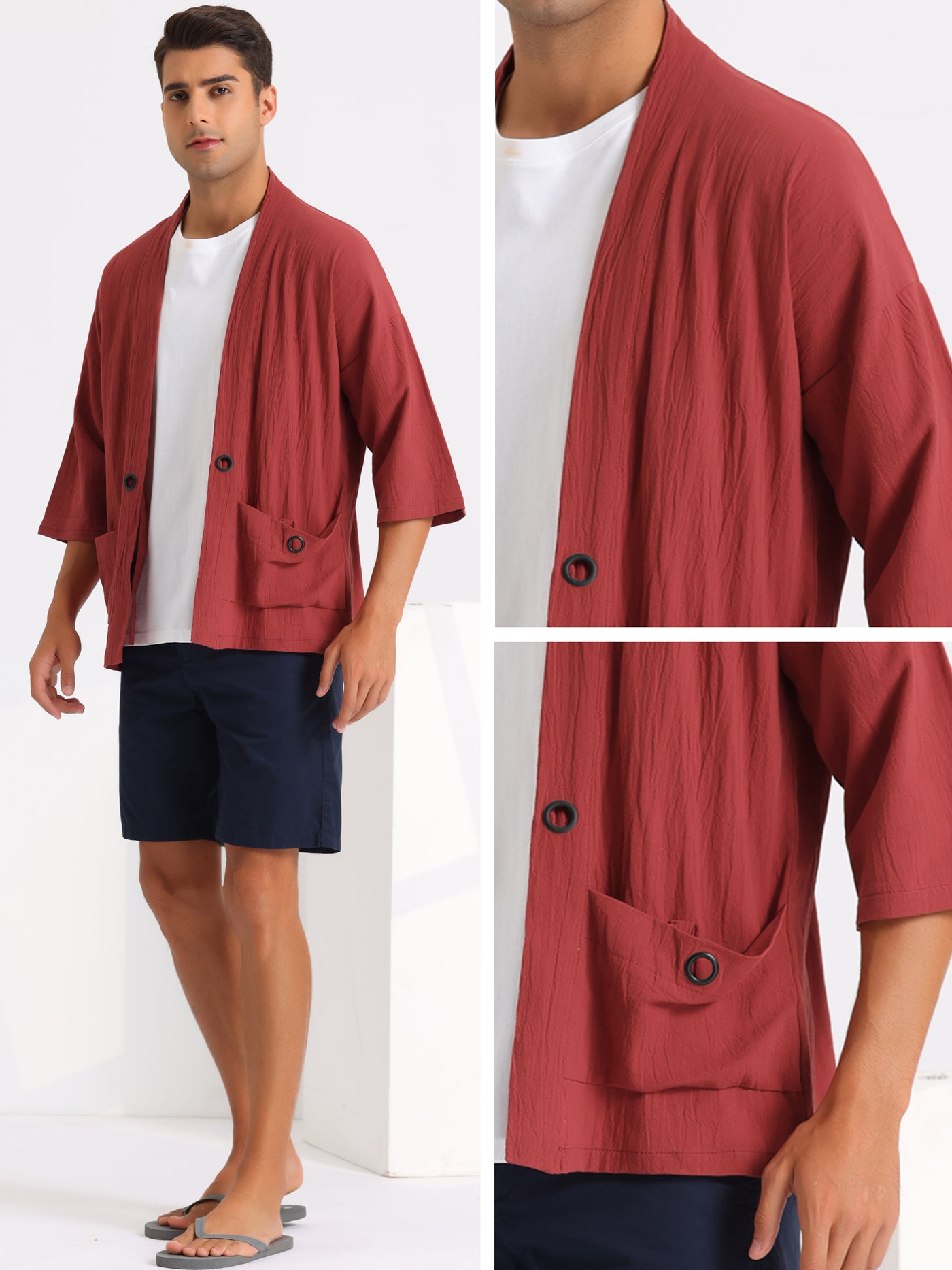 Bublédon Kimono Jackets for Men's Lightweight Loose Fit 3/4 Sleeves Open Front Outwear Cardigan