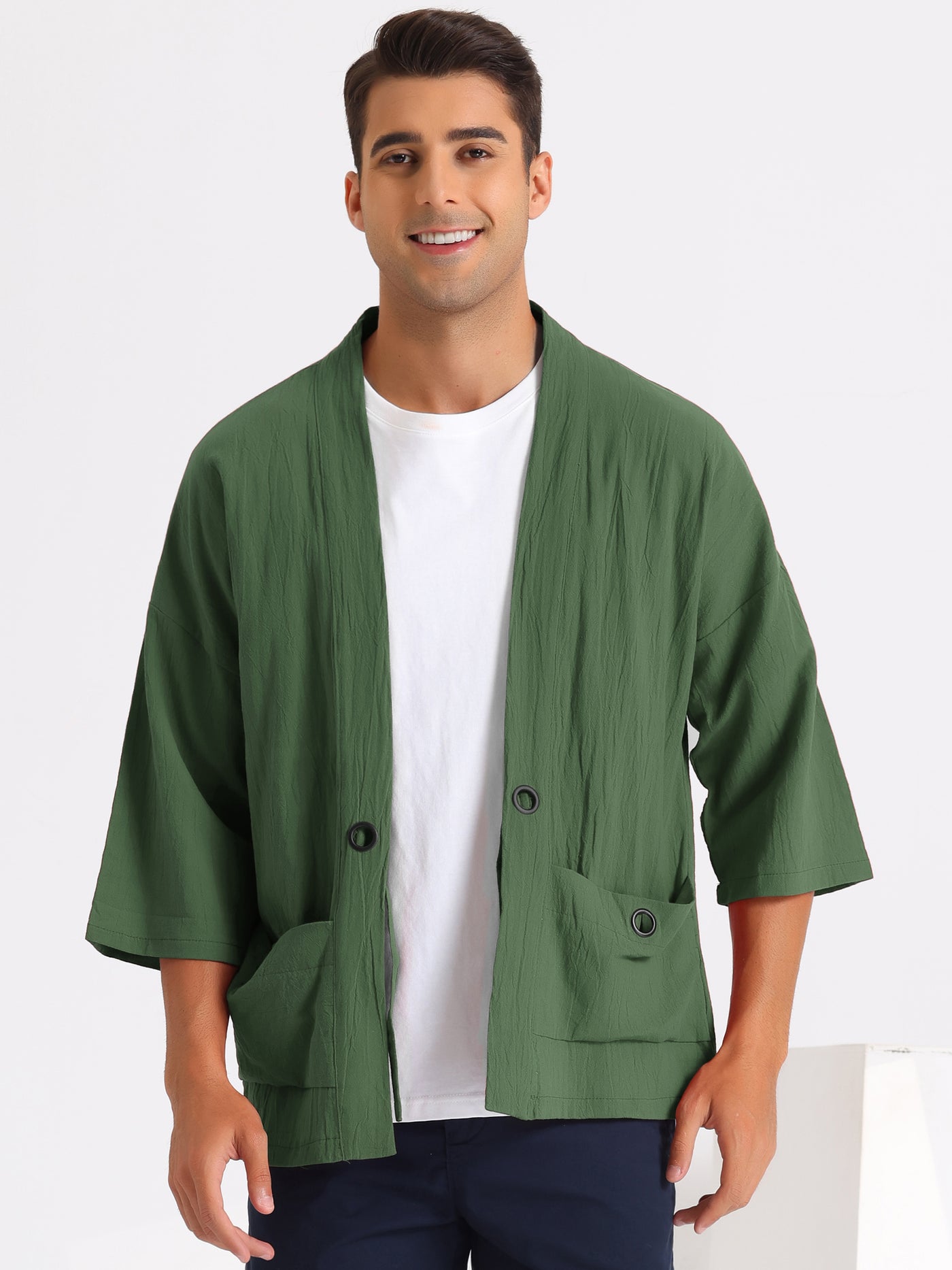 Bublédon Kimono Jackets for Men's Lightweight Loose Fit 3/4 Sleeves Open Front Outwear Cardigan