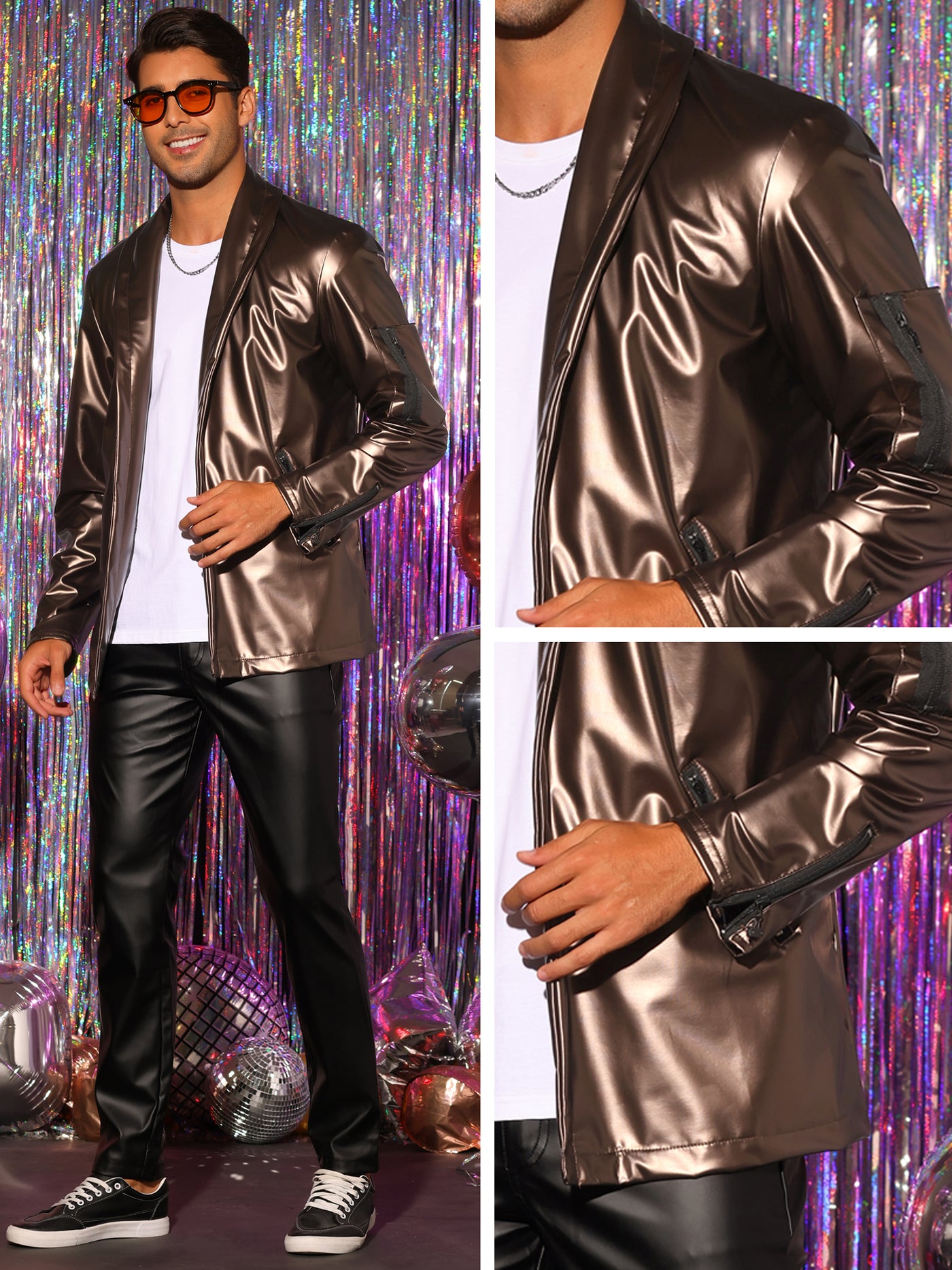 Bublédon Faux Leather Jacket for Men's Shawl Lapel Party Disco PU Cardigan