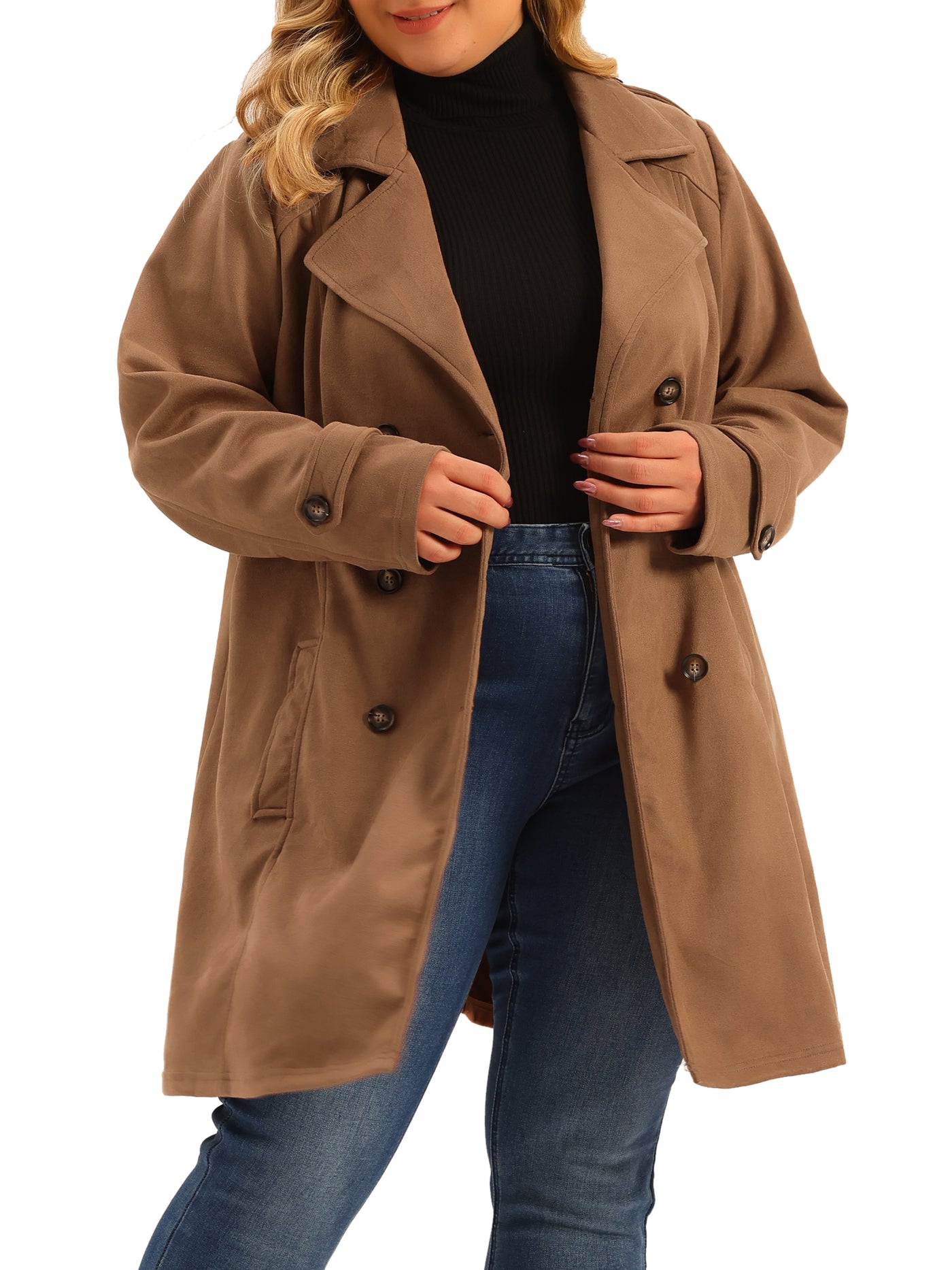 Bublédon Women's Plus Size Faux Suede Notched Lapel Double Breasted Trench Coat Jacket with Belt