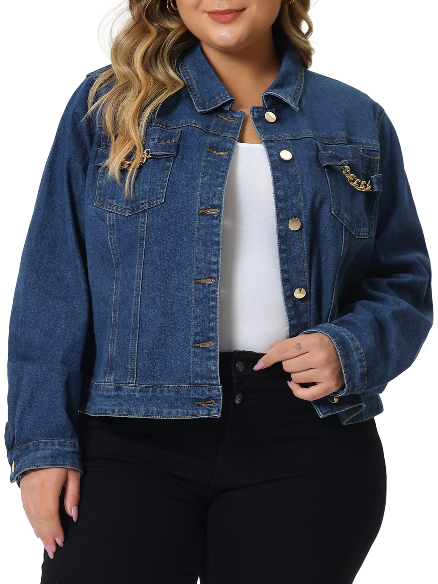 Bublédon Plus Size Denim Jacket for Women Chain Button Jean Outwear Long Sleeve Jackets