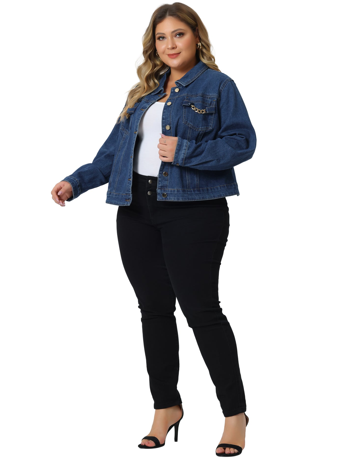 Bublédon Plus Size Denim Jacket for Women Chain Button Jean Outwear Long Sleeve Jackets