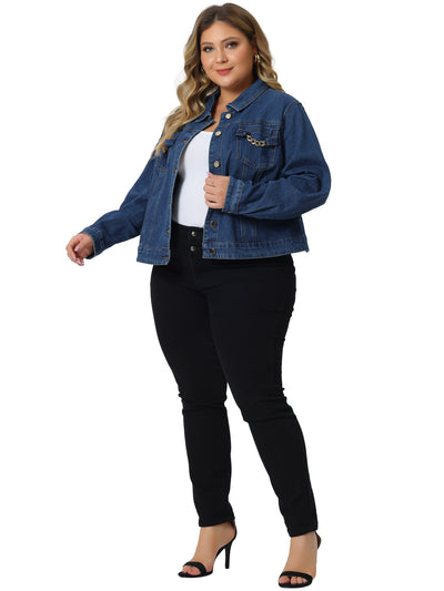 Plus Size Denim Jacket for Women Chain Button Jean Outwear Long Sleeve Jackets