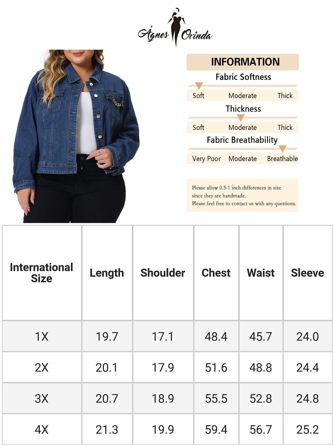 Bublédon Plus Size Denim Jacket for Women Chain Button Jean Outwear Long Sleeve Jackets