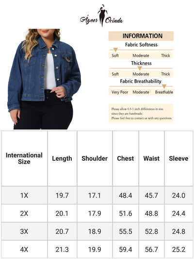 Plus Size Denim Jacket for Women Chain Button Jean Outwear Long Sleeve Jackets