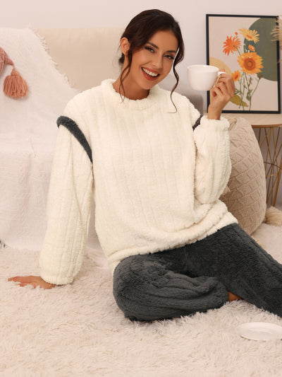 Womens Pajamas Sets Fluffy 2 Piece Fleece Pullover Tops Pants Loose Winter Sleepwear