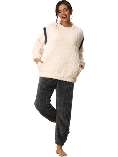 Womens Pajamas Sets Fluffy 2 Piece Fleece Pullover Tops Pants Loose Winter Sleepwear