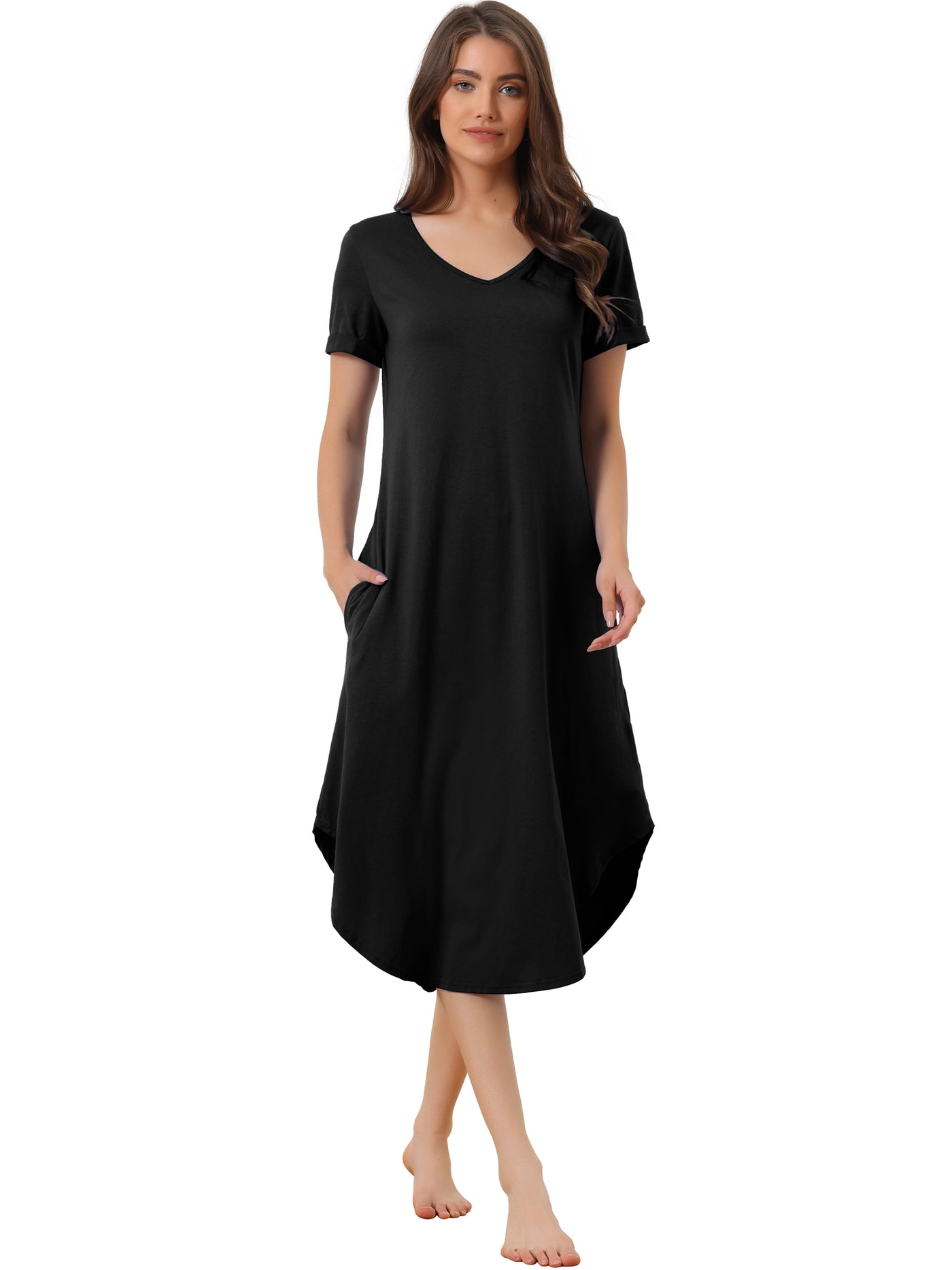 Bublédon Womens Nightshirt Short Sleeve Long Nightgown V Neck Lounge Dress with Pocket