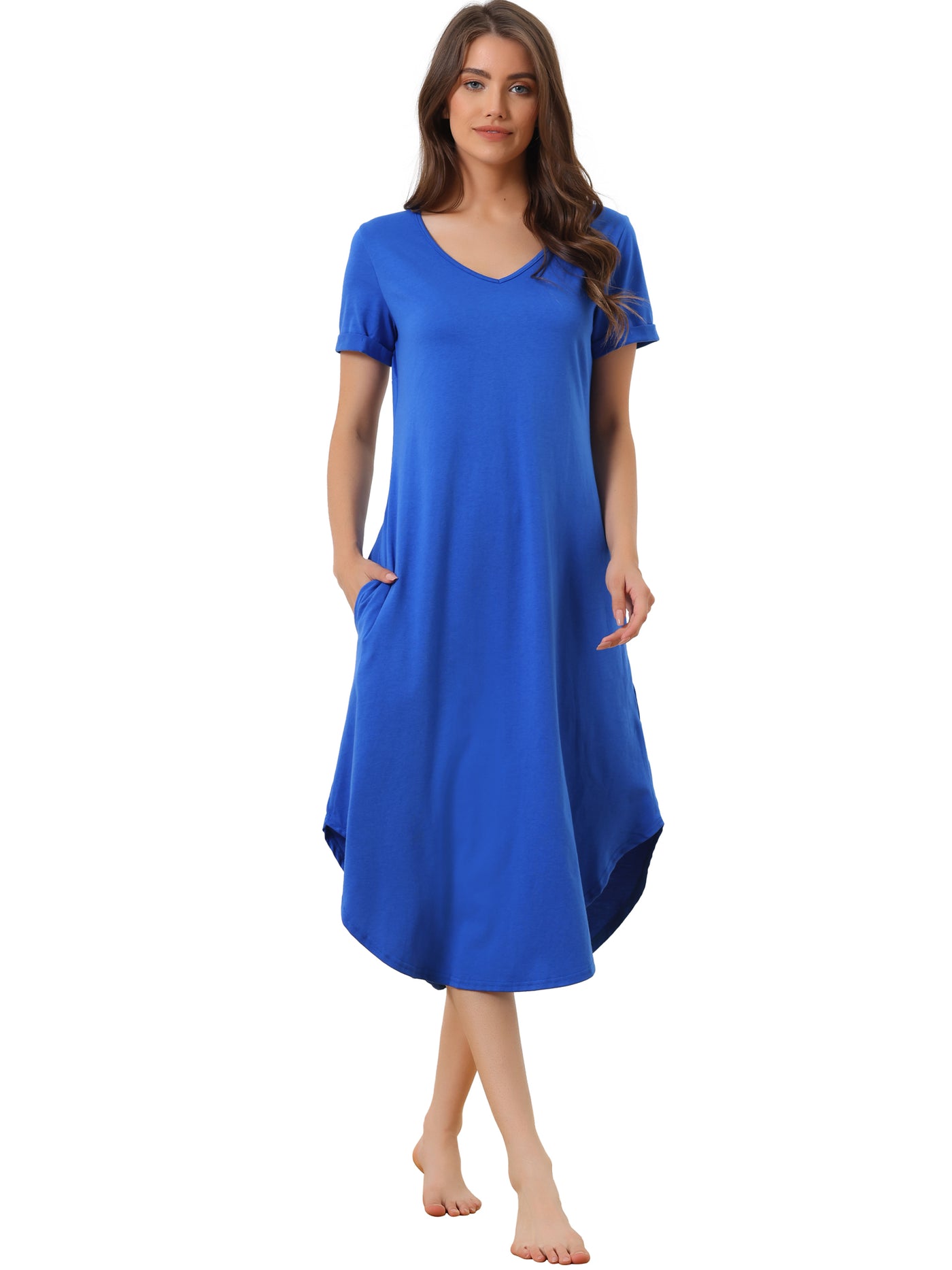 Bublédon Womens Nightshirt Short Sleeve Long Nightgown V Neck Lounge Dress with Pocket