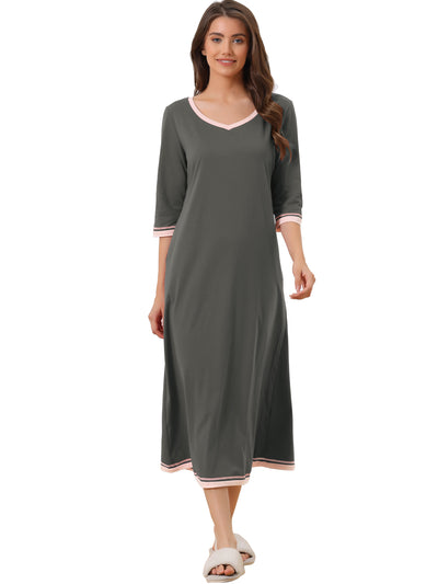 Womens Long Nightgown 3/4 Sleeve V Neck Loungewear Full Length Sleep Nightshirt with Pockets