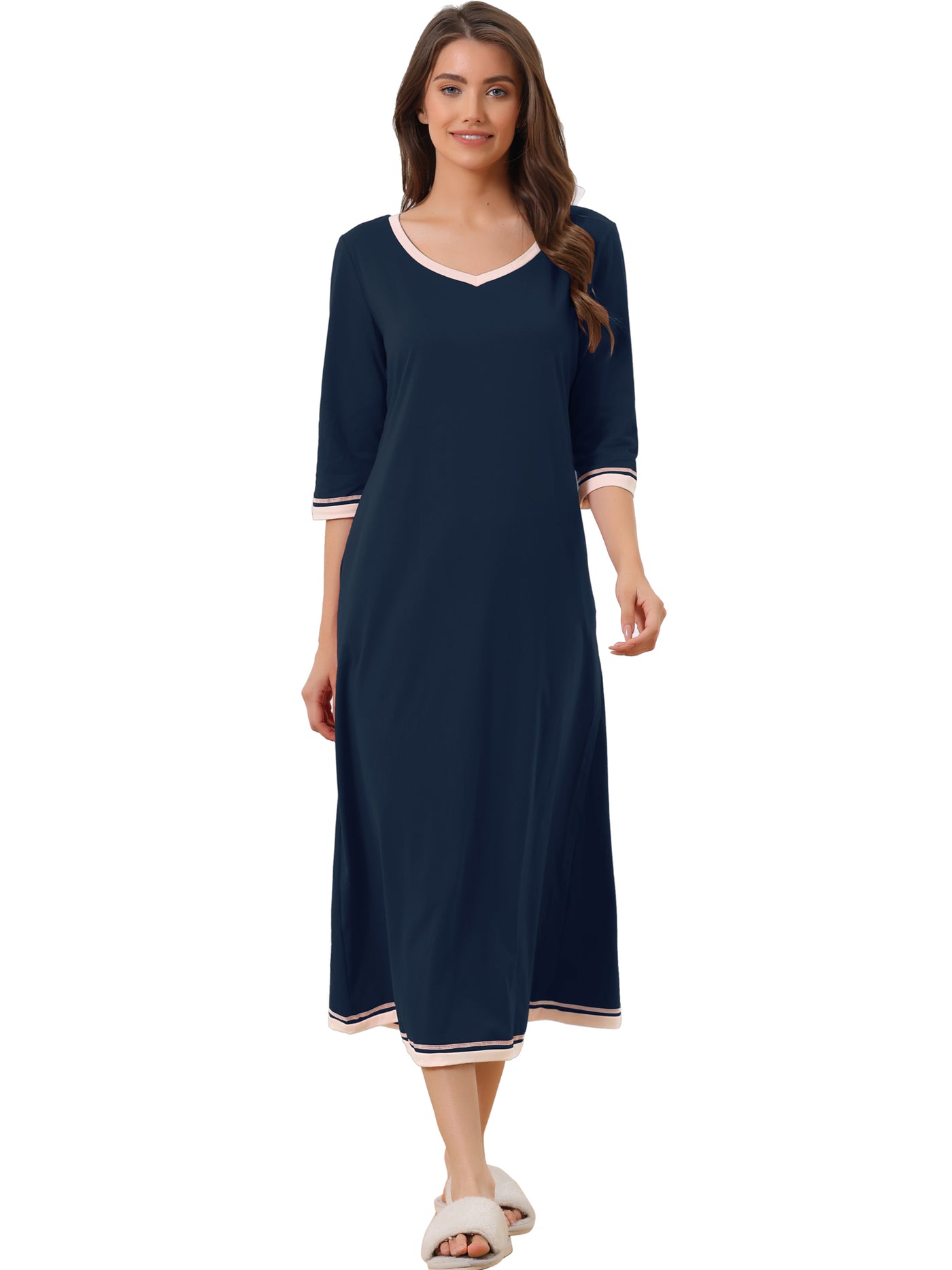 Bublédon Womens Long Nightgown 3/4 Sleeve V Neck Loungewear Full Length Sleep Nightshirt with Pockets